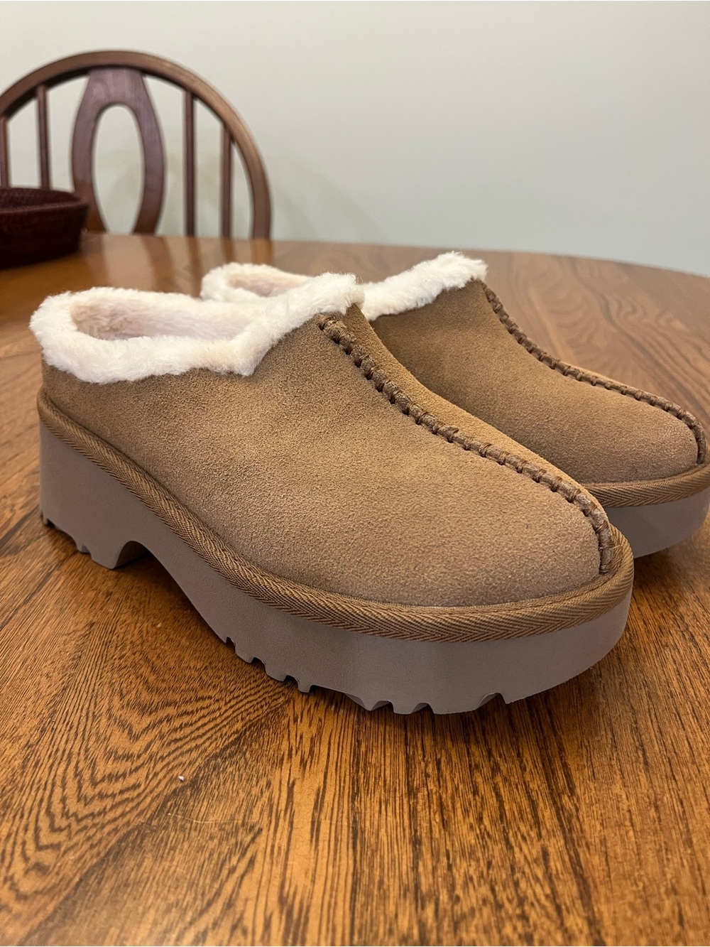UGG Chestnut Suede Faux-Shearling Platform Mules